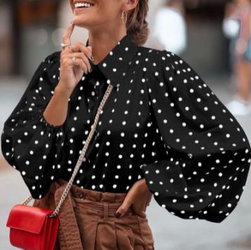European and American style collared polka dot loose lantern sleeve chiffon blouse women's long sleeve shirt - Image 4