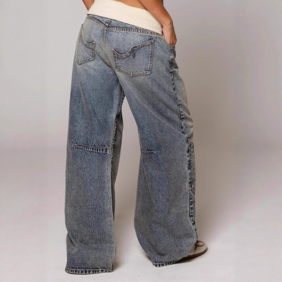 American retro street style washed distressed blue jeans, unisex straight leg loose fit, casual design. - Image 4