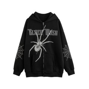 National trendy brand hip-hop spider three-dimensional starched print hooded plus velvet sweatshirt for men winter street loose cardigan jacket