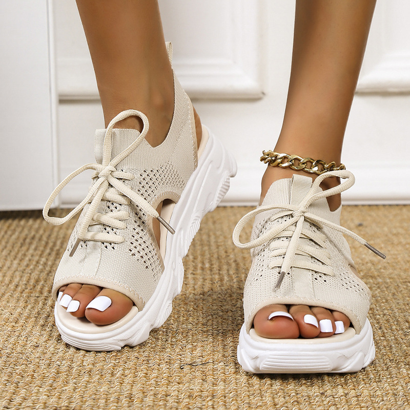 Large size sports sandals women's 2023 summer new thick bottom fly woven soft bottom casual flat hollow European and American beach sandals - Image 4