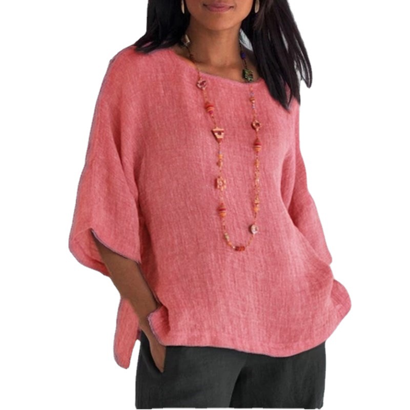 2026 Wish, EABI, Amazon New Arrival Women's Three-Quarter Sleeve Round Neck Cotton Linen Shirt Top - In Stock - Image 5
