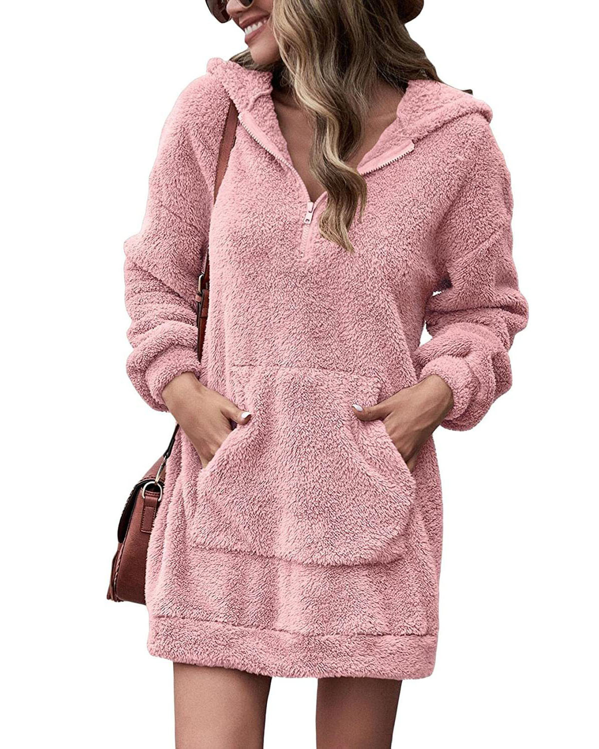 2022 new European and American cross-border autumn and winter women's clothing double-sided fleece hooded loose zipper plush pocket sweater jacket - Image 4