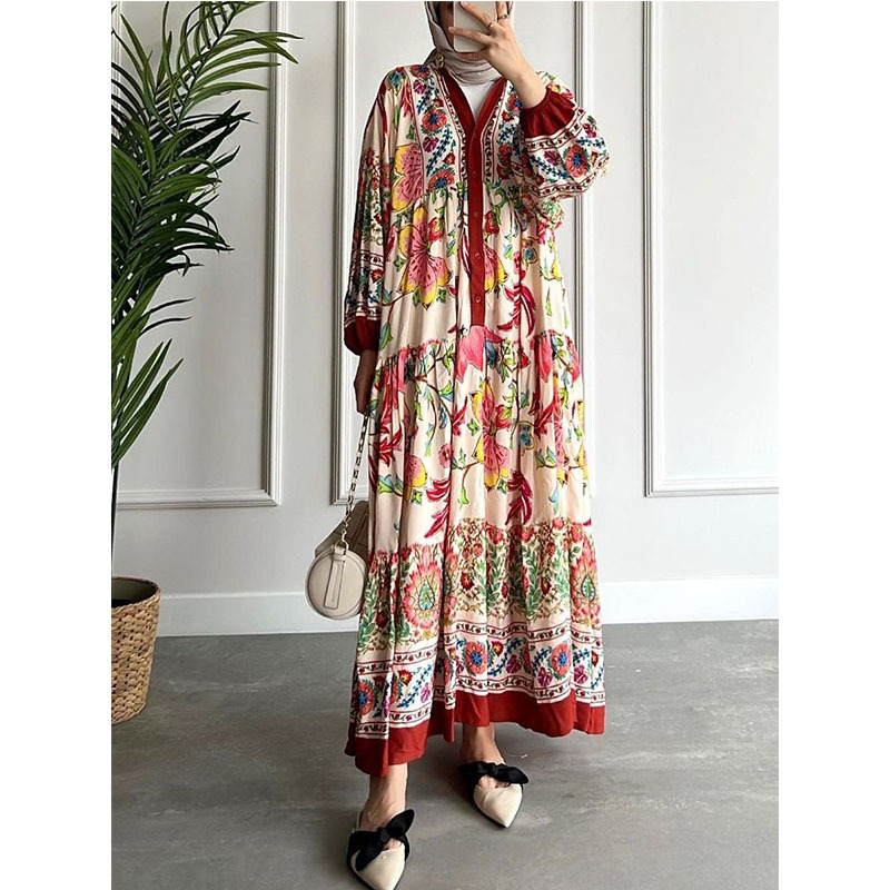 2023 new color contrast dress cross-border dress women's long-sleeved stand-up collar printed large swing skirt national long skirt - Image 6