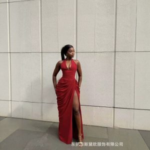 SDM243 Halter-Neck Strapless Slit Dress