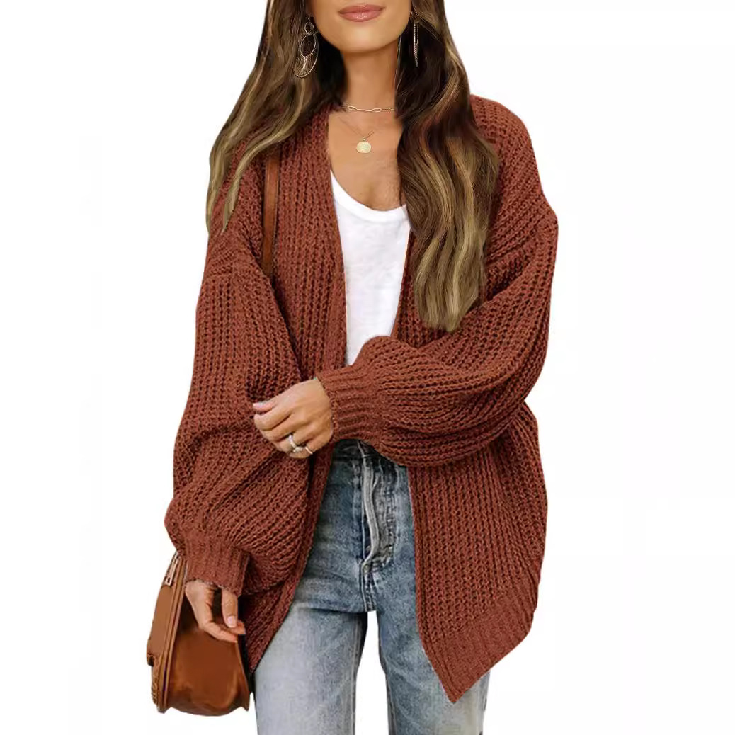 Amazon export women's lantern sleeve chunky knit cardigan 2026 autumn and winter new pocket knit sweater women's coat - Image 4