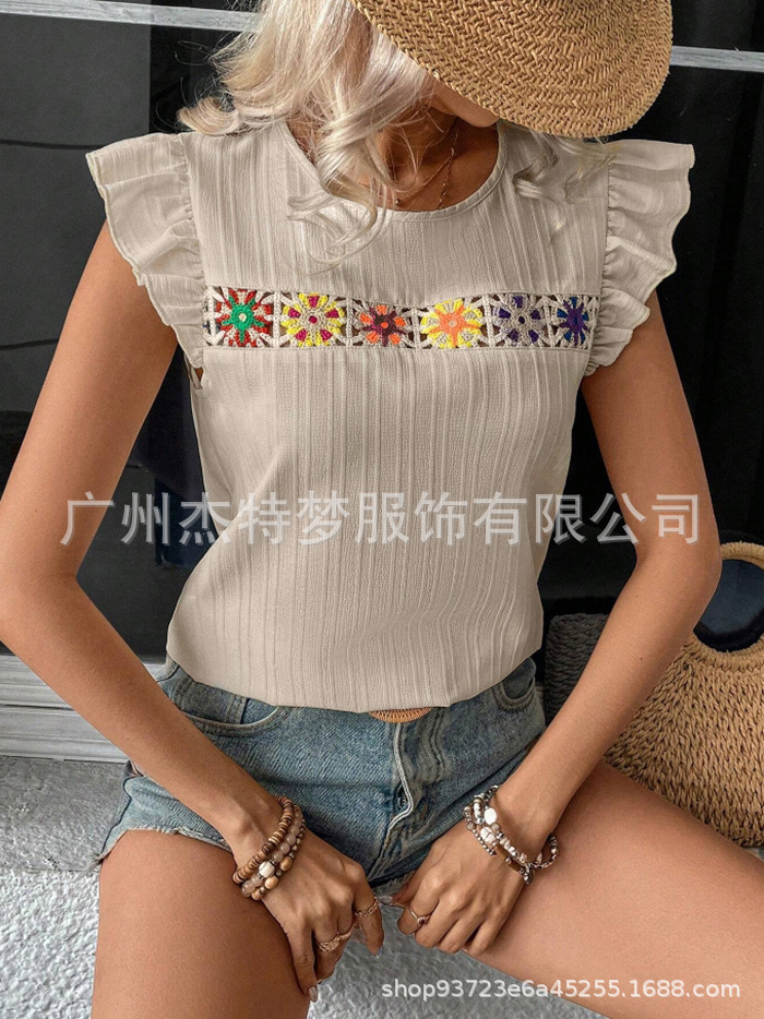 2025 European and American cross-border women's clothing Amazon independent website spring/summer new crochet hollowed-out lace short-sleeved shirt top - Image 8