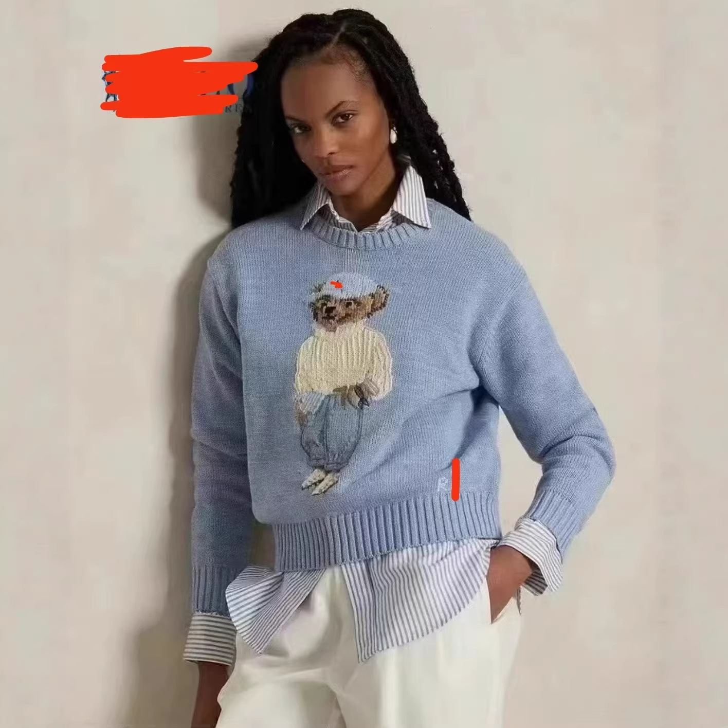 High-quality cross-border e-commerce style, small horse logo, scannable QR code, R-L pure cotton heavy-duty cartoon bear autumn and winter sweater for women. - Image 2