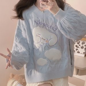 Lolita style women's sweater with cinnamon dog appliqué embroidery, perfect for spring, autumn, and winter. Also suitable for petite women, as an inner layer or student-style knitted cardigan.