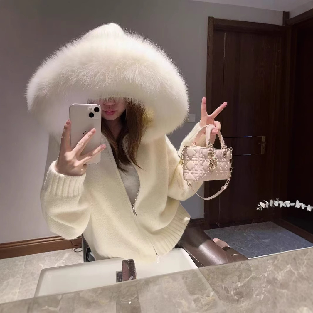 Cross-border Korean retro autumn and winter knitted cardigan women's loose casual versatile long-sleeved fur collar hooded sweater jacket women - Image 2