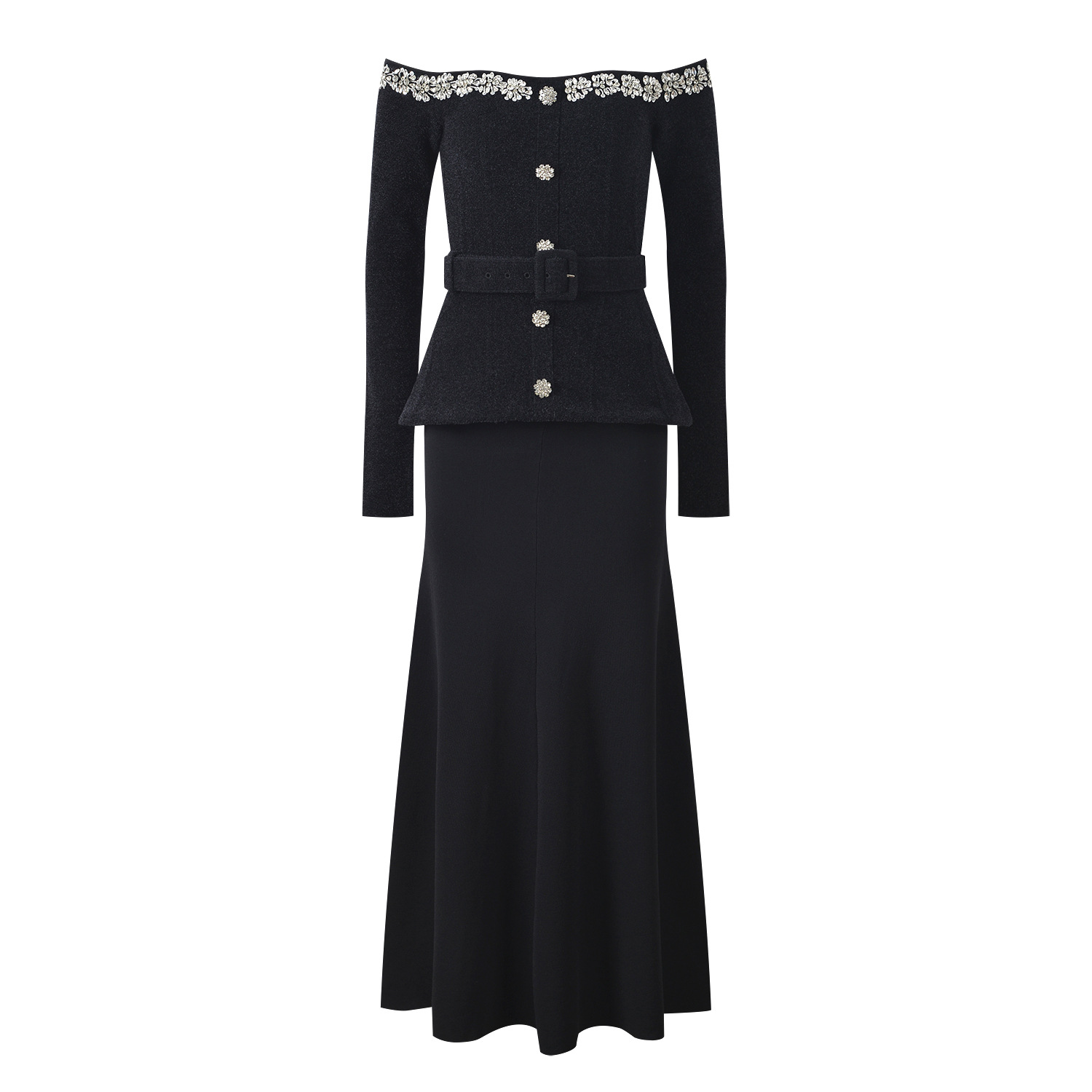 2025 autumn and winter new French lady one-shoulder diamond decoration waist slim long dress banquet dress long skirt - Image 2