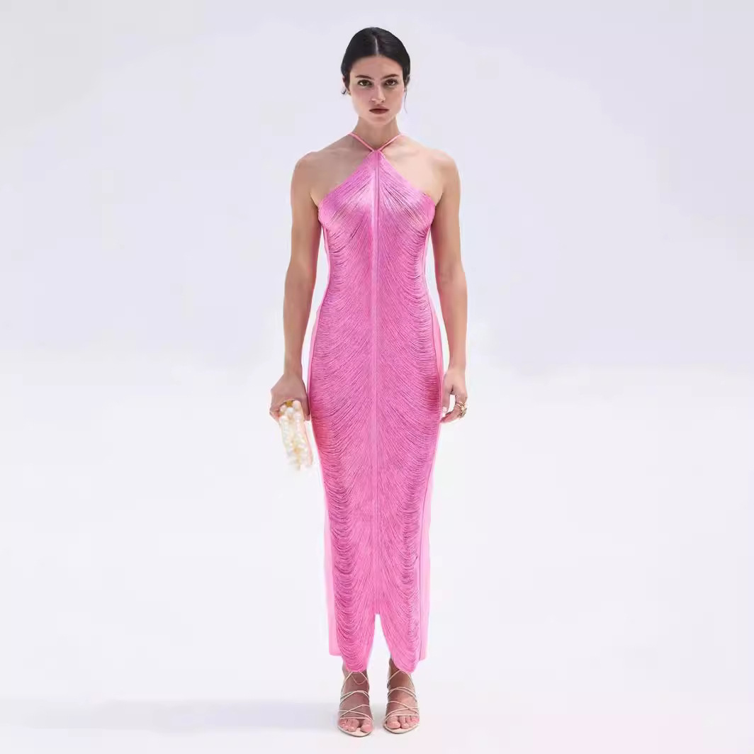 2025 European and American foreign trade cross-border supply fashion tassel back slit halter neck dress light luxury slim fit - Image 3
