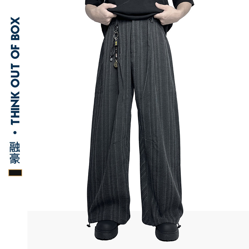 American retro gray striped distressed black casual wide-leg trousers, trendy and versatile for couples, with a flowing drape. - Image 2