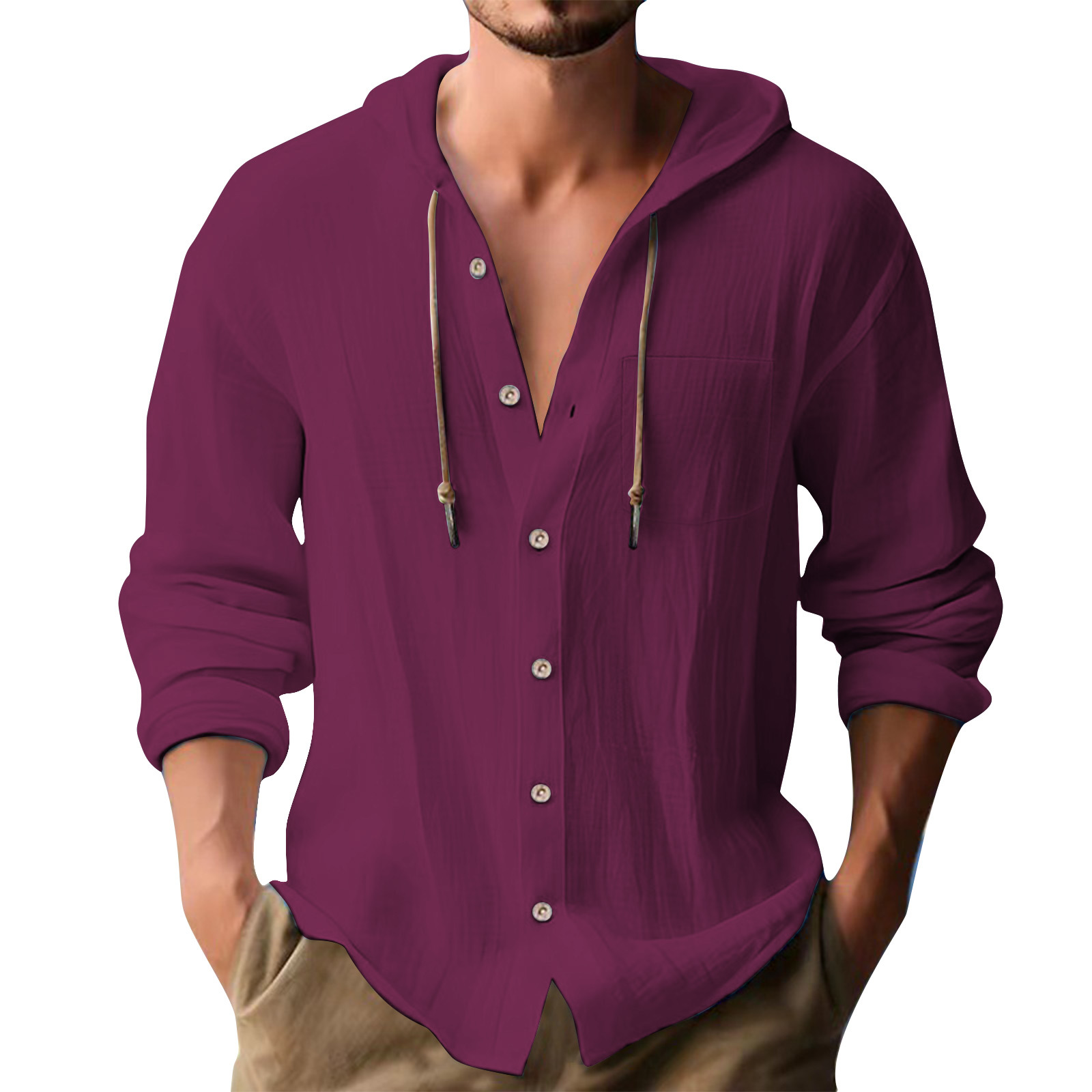 Cross-border European and American 2025 New Hot Selling Sports Trendy Hooded T-shirt Solid Color Cotton Linen Casual Long Sleeve Men's Shirt - Image 9