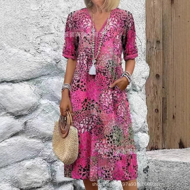 2025 European and American Fashion Cross-border New Casual Vacation Long Dress with Pockets and Lace Trim V-neck Short Sleeve Dress for Women - Image 4