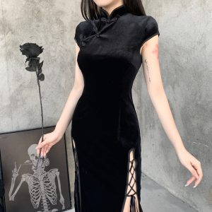 Wholesale pure black retro national style cheongsam women ins summer 2023 new style slit temperament slim and beautiful dress