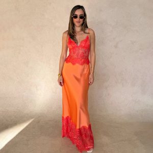 Deep V-Neck Sheer Backless Dress with Lace Trim