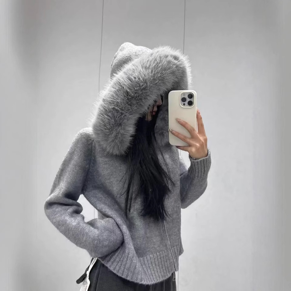 Cross-border Korean retro autumn and winter knitted cardigan women's loose casual versatile long-sleeved fur collar hooded sweater jacket women - Image 4