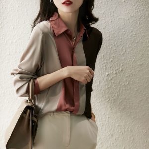 Color-blocking shirt long-sleeved women's autumn 2022 new shirt loose foreign style niche chiffon shirt professional wear top women