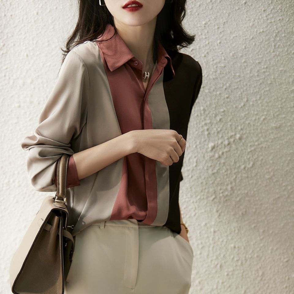 Color-blocking shirt long-sleeved women's autumn 2022 new shirt loose foreign style niche chiffon shirt professional wear top women