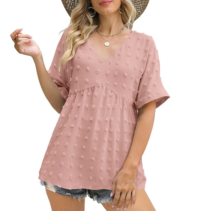 Cross-border European and American women's clothing, 2023 summer new style, Amazon women's V-neck loose ruched mid-sleeve chiffon top. - Image 6