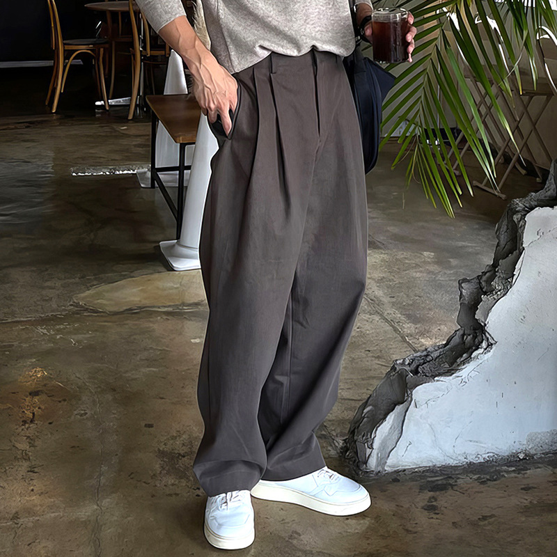 Dark gray double-pleated men's dress pants, spring and autumn style, Hong Kong retro niche design, casual pants, loose straight leg with drape. - Image 2