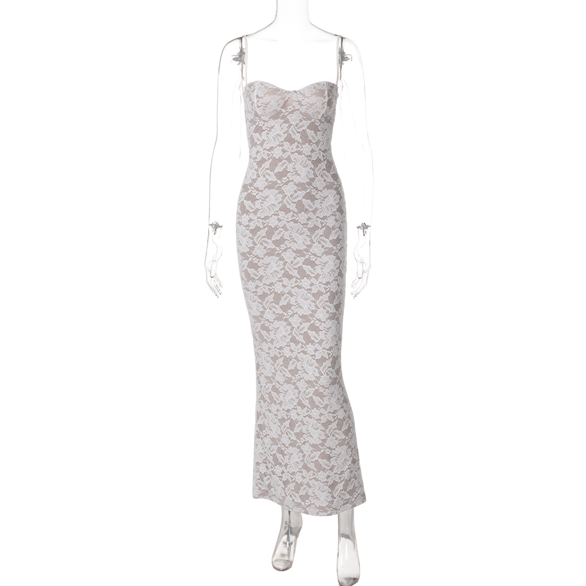 European and American women's clothing 2024 autumn hot sale sexy lace splicing strap backless long slim suspender dress for women - Image 3