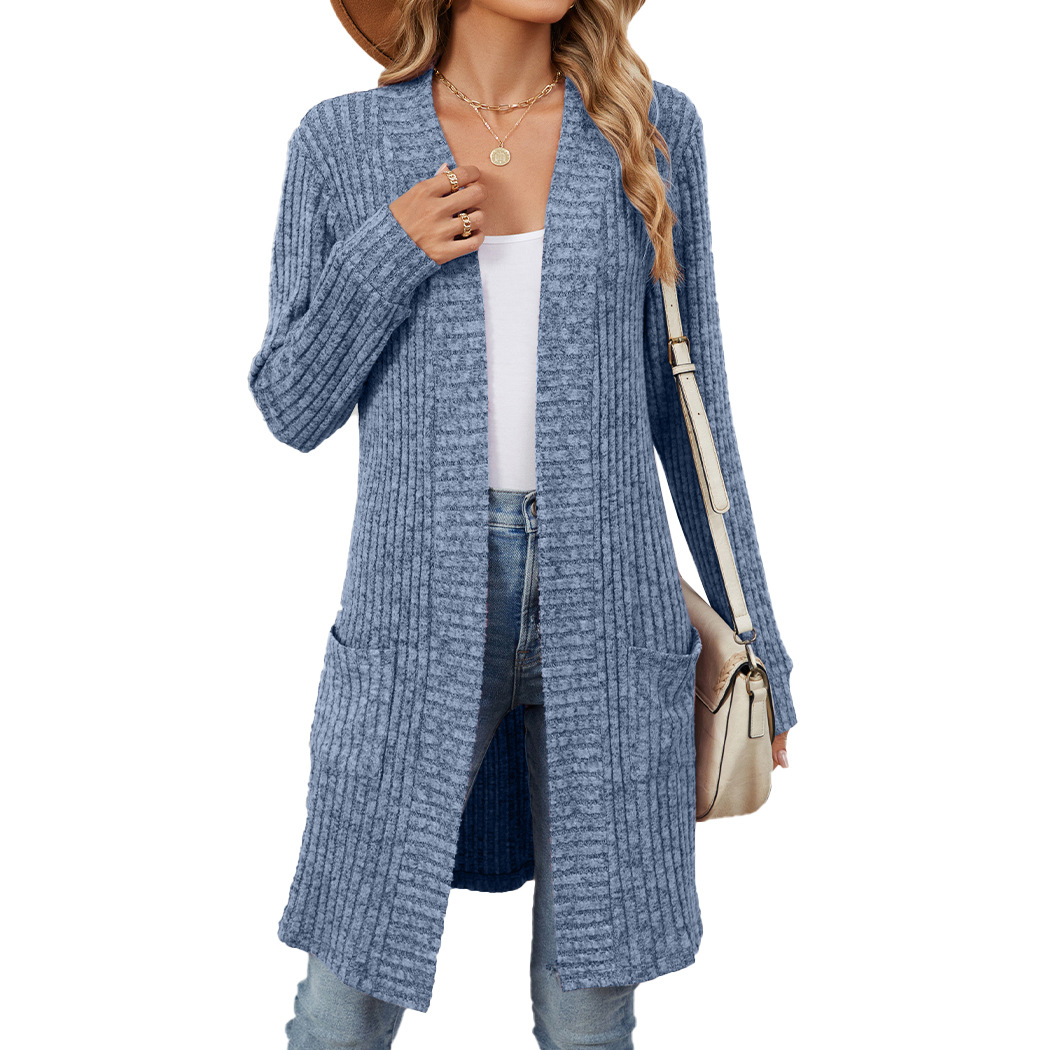 Amazon 2025 European and American Cross-border Foreign Trade Autumn and Winter Long Solid Color Long Sleeve Loose Pocket Cardigan Coat Women's Clothing - Image 3