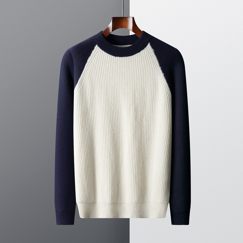 Autumn and winter new wool sweater men's color matching round neck Yuanbao needle thickened youth fashion casual knitted wool bottom
