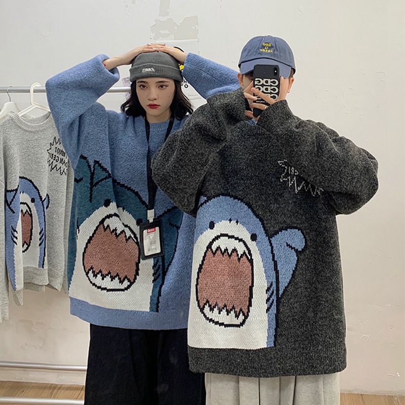Autumn and winter shark cartoon round neck sweater men's casual loose Korean style trendy warm student thickened sweater - Image 5
