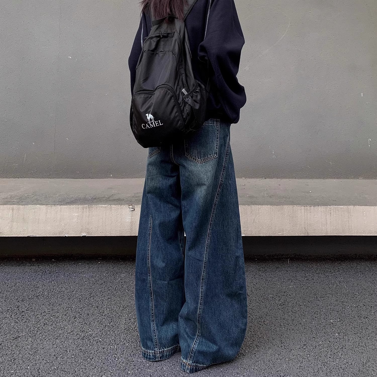 American retro washed cat whisker design black scimitar jeans for men and women wide-leg loose drape distressed pants - Image 5
