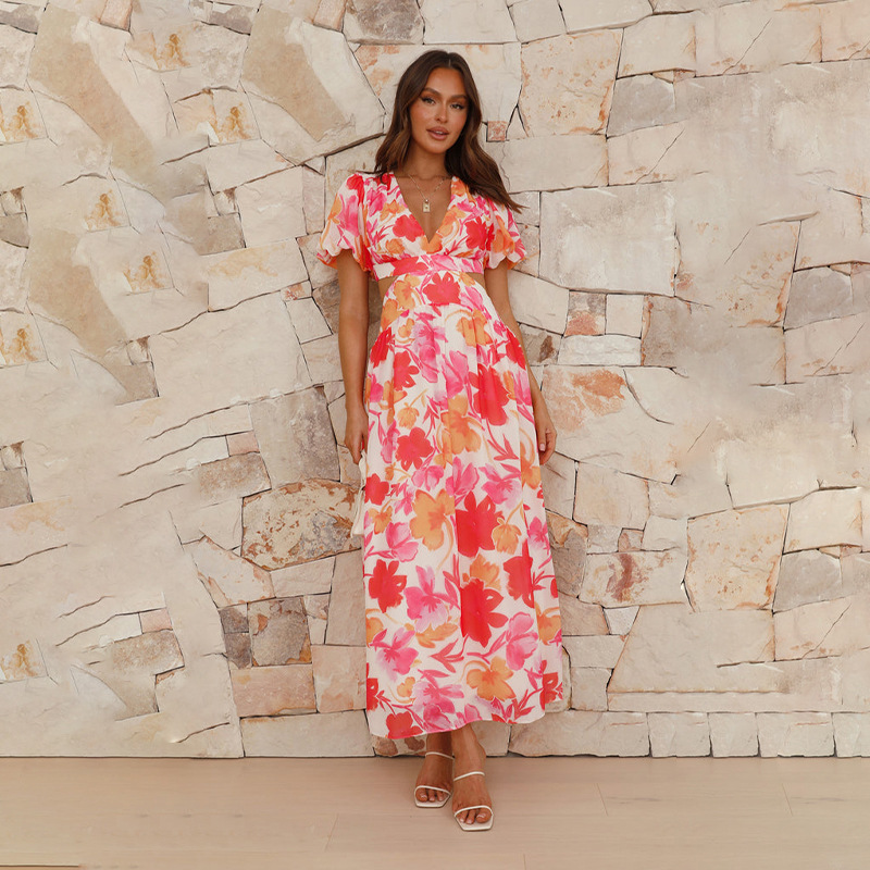 Cross-border European and American foreign trade independent station 2024 spring and summer new fresh and elegant floral large swing backless design dress - Image 4