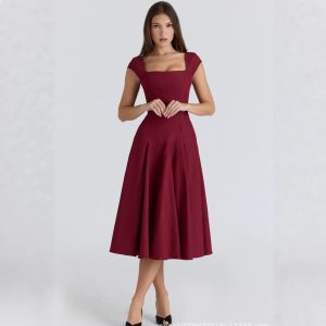 Square-Neck Mid-Length Dress with Waist Tie