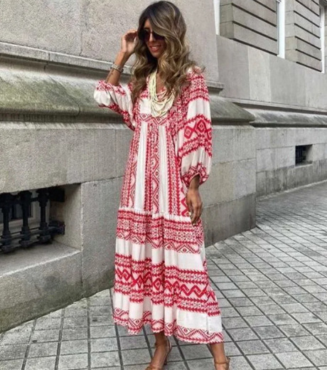 Cross-border European and American plus-size ladies loose-fitting Bohemian round-neck lantern-sleeve sweet girl dress - Image 6