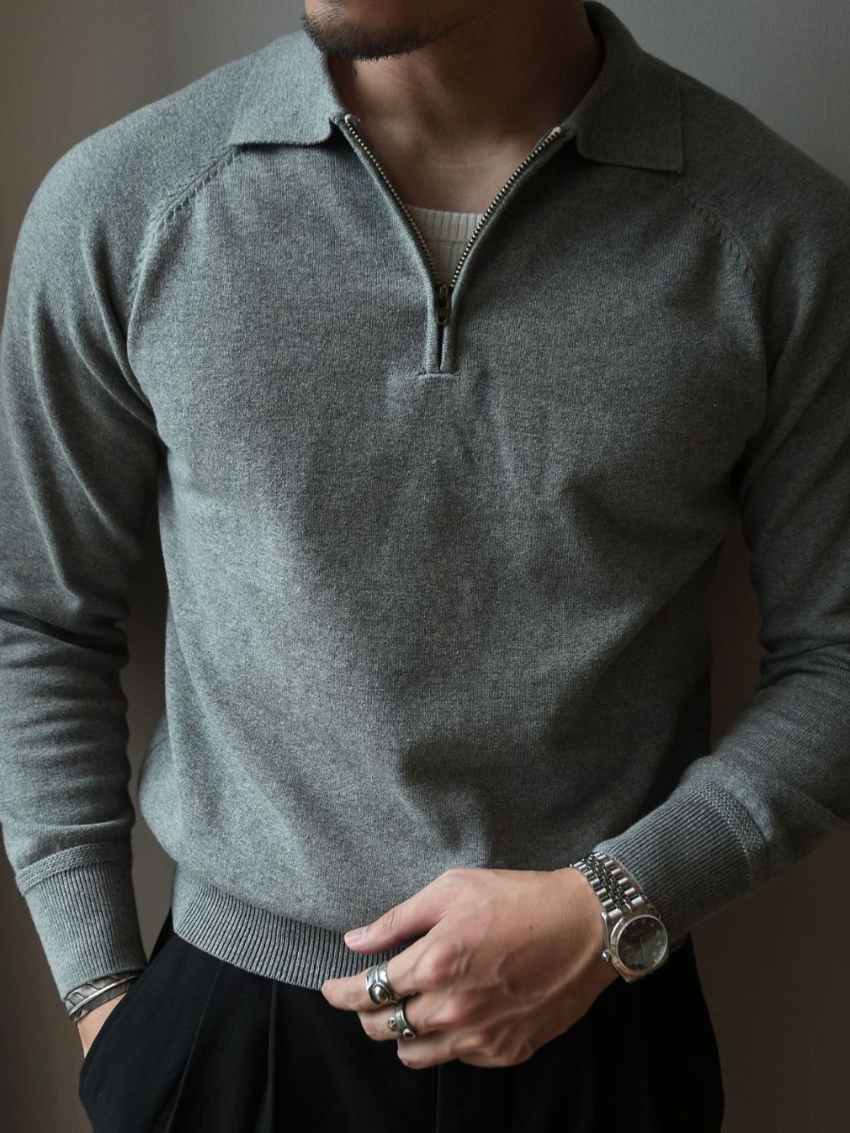 2023 Autumn and Winter Half-High Zipper Knitted Long-Sleeved Polo Shirt American Retro Business Casual Commuting T-shirt Linear Men's - Image 4