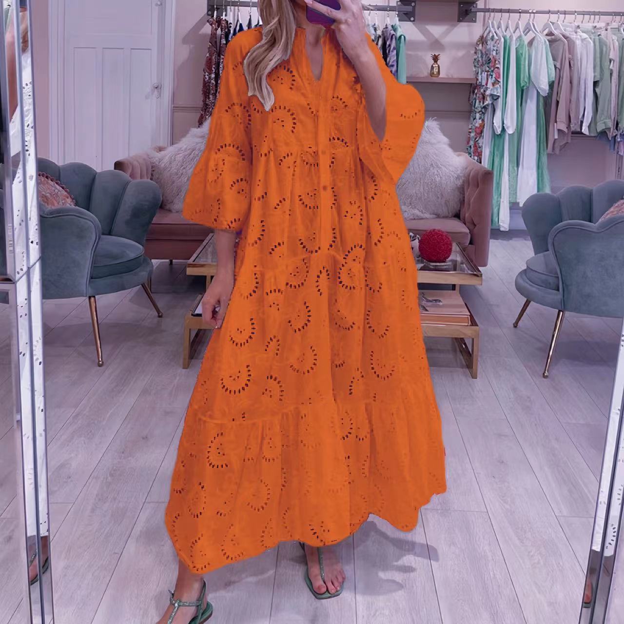 2023 Europe and America Cross Border Summer and Autumn French Style V-neck Bell Sleeve Lace Hollow-out Solid Color Sexy Long Dress for Women - Image 14