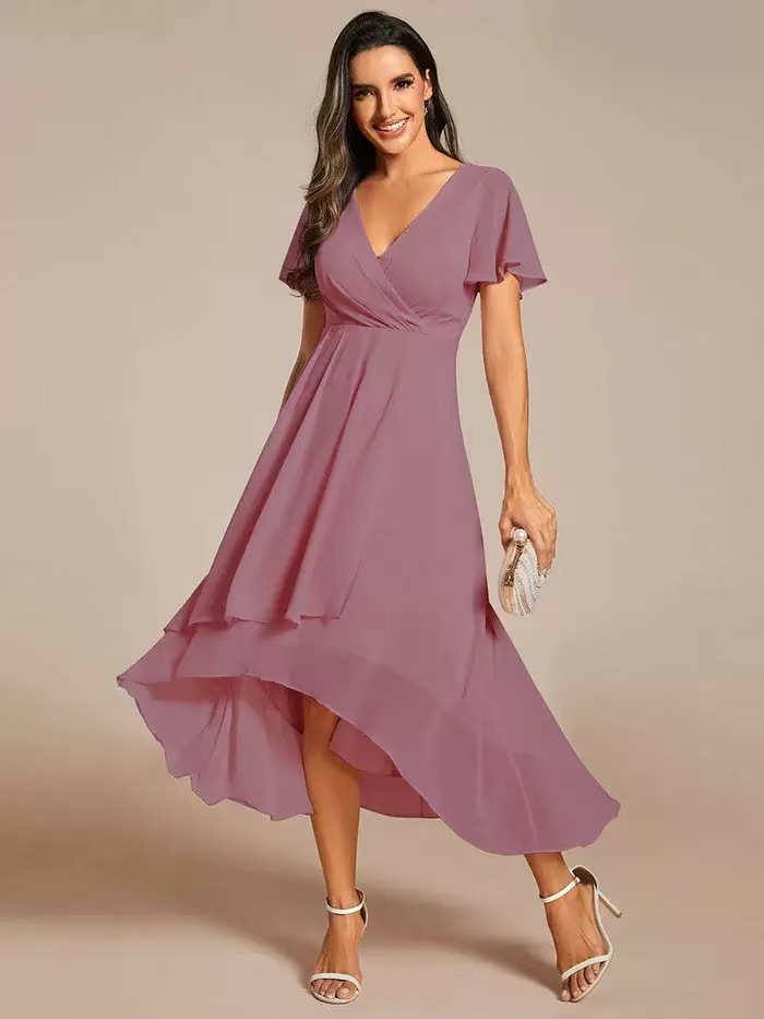 2025 Hot Selling New European and American Cross-border Summer Solid Color V-neck Ruffle Sleeve Chiffon Elegant Party Dress - Image 10