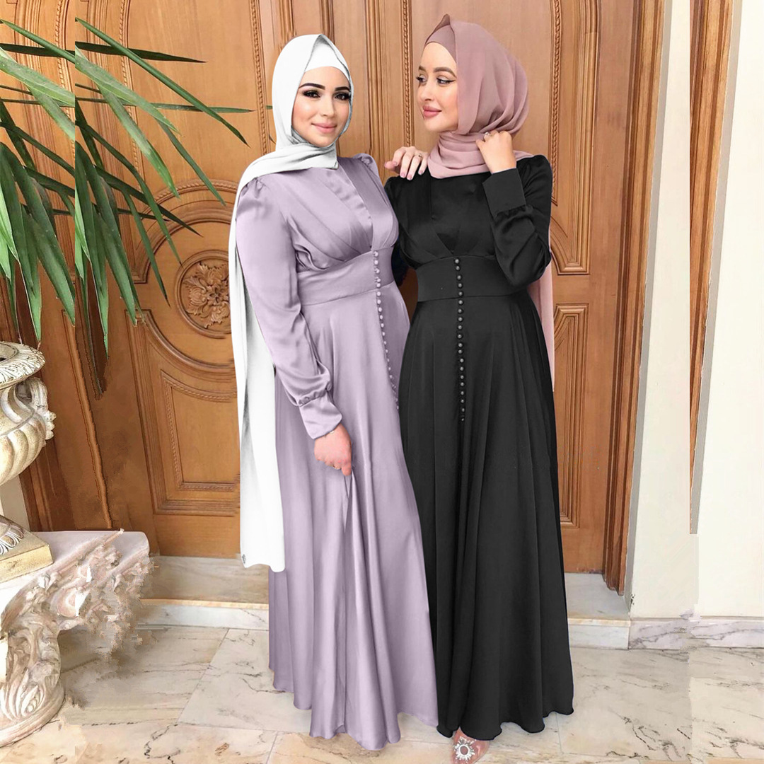 New cross-border Middle East Muslim women's dress summer elegant satin beaded dress muslim abaya - Image 4