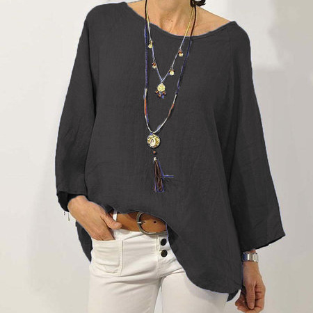 In stock 2023 cross-border European and American foreign trade women's clothing top, solid color cotton linen round neck raglan sleeve three-quarter sleeve women's shirt - Image 3