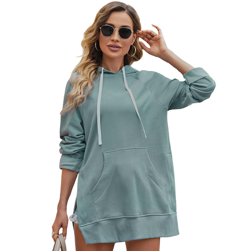 European and American fashion women's autumn and winter new solid color drawstring hooded sweatshirt women's mid-length loose slit top for women - Image 13