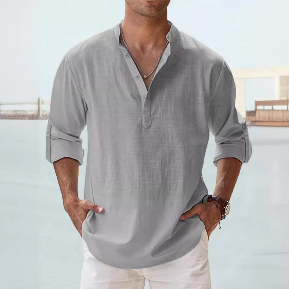 Summer New Casual Men's Loose Fit Stand Collar Sports Solid Color Long Sleeve Pure Cotton Shirt Plus Size Available - Image 3