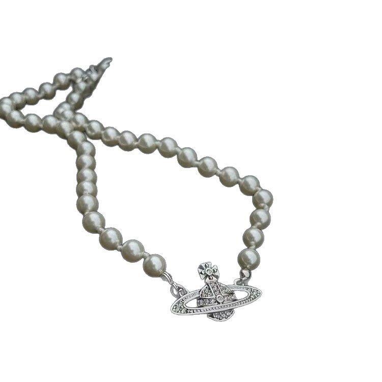 Retro trendy brand diamond-encrusted Saturn pearl necklace for women, popular online, light luxury, Xijia full diamond planet clavicle chain necklace. - Image 5