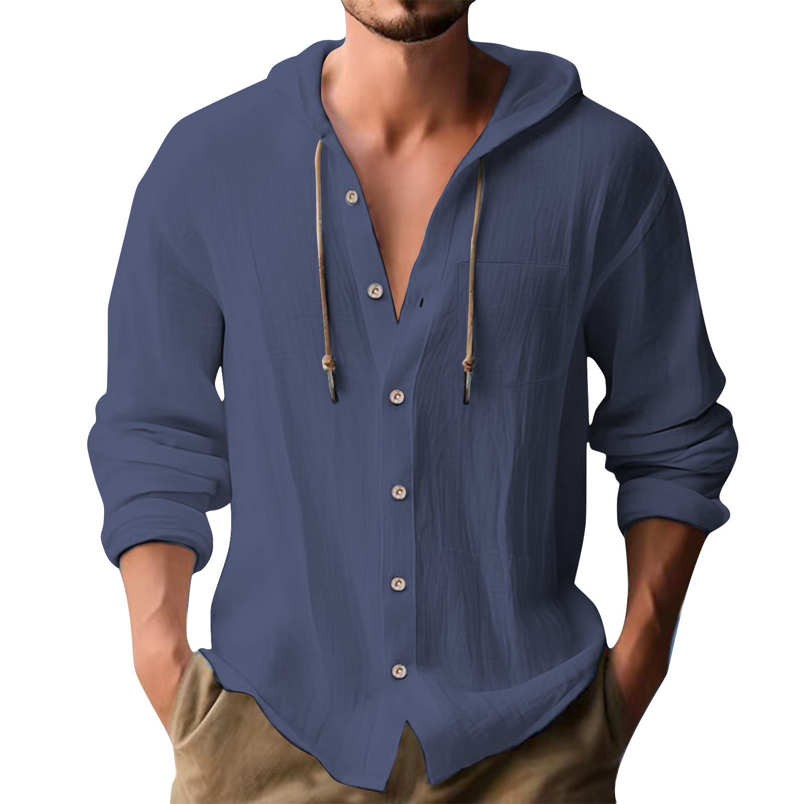 Cross-border European and American 2025 New Hot Selling Sports Trendy Hooded T-shirt Solid Color Cotton Linen Casual Long Sleeve Men's Shirt - Image 6