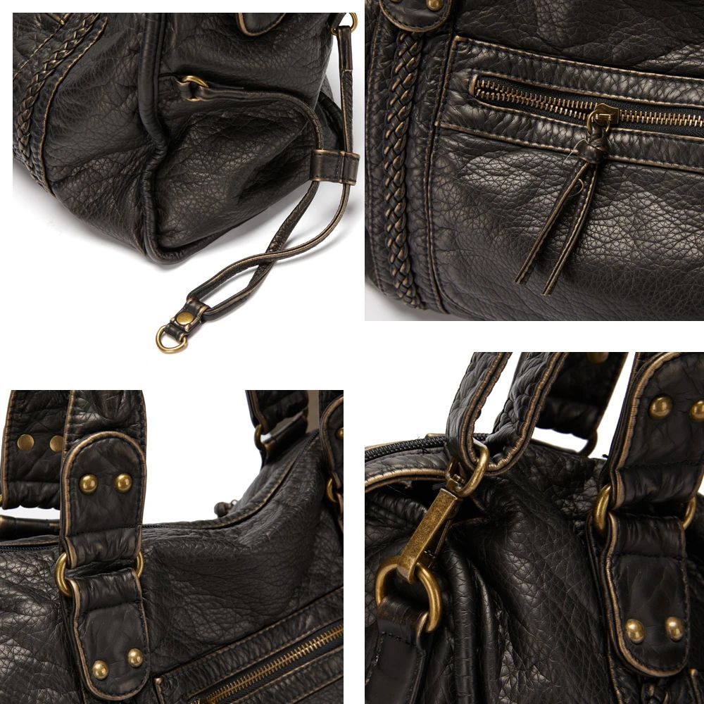 French retro motorcycle bag shoulder messenger bag tote bag large bag women's large capacity bag washed bag soft leather bag European - Image 11