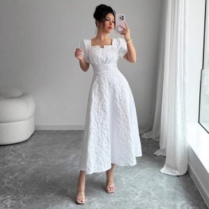 Jacquard Square-Neck Dress with Puff Sleeves