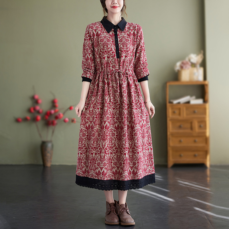 Retro-style floral print dress, 2025 autumn style, cotton and linen base layer, long skirt, loose long sleeves, shirt collar. - Image 2