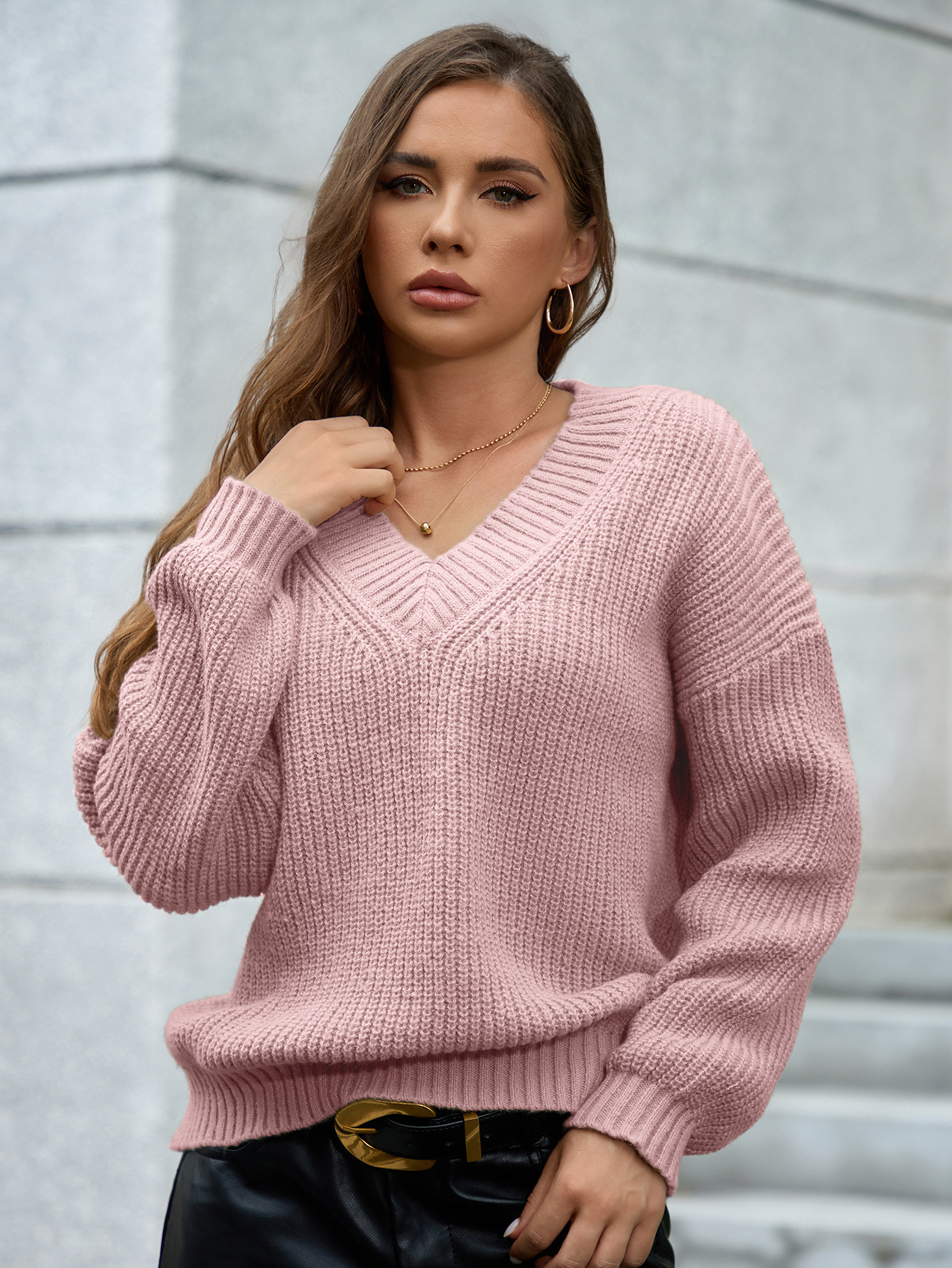 Amazon-style V-neck pullover long-sleeved sweater, cross-border foreign trade women's clothing, fashionable solid color, versatile knitted top. - Image 6