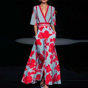 2024 European and American cross-border Amazon women's clothing new printed pleated belt temperament commuter dress