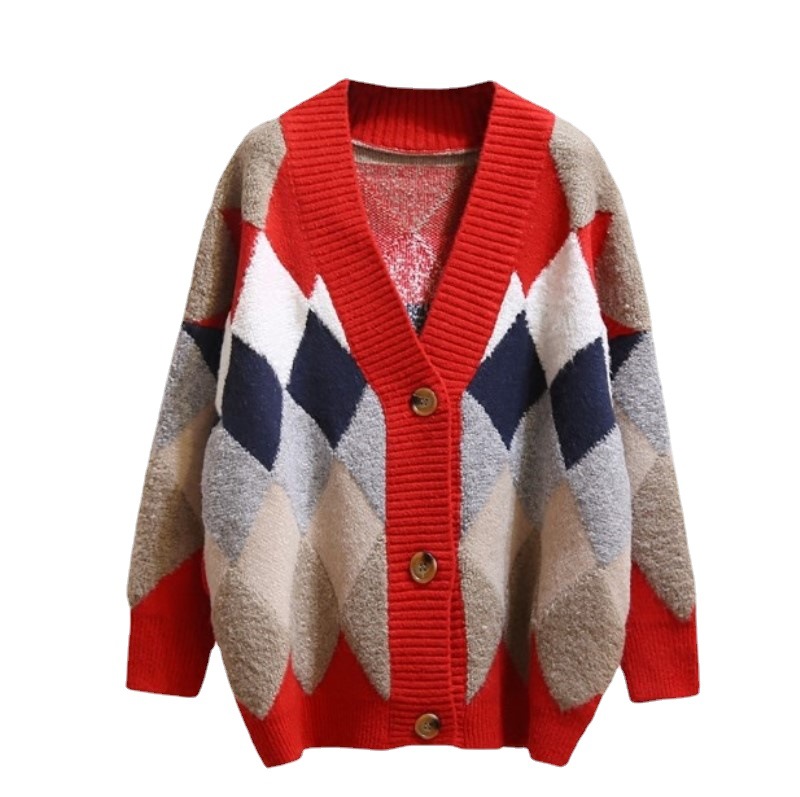 2026 Autumn/Winter New Style Cardigan Sweater for Women, Knitted, Lazy Style, V-neck, Diamond Pattern, Loose Fit, Unique Style - Image 5