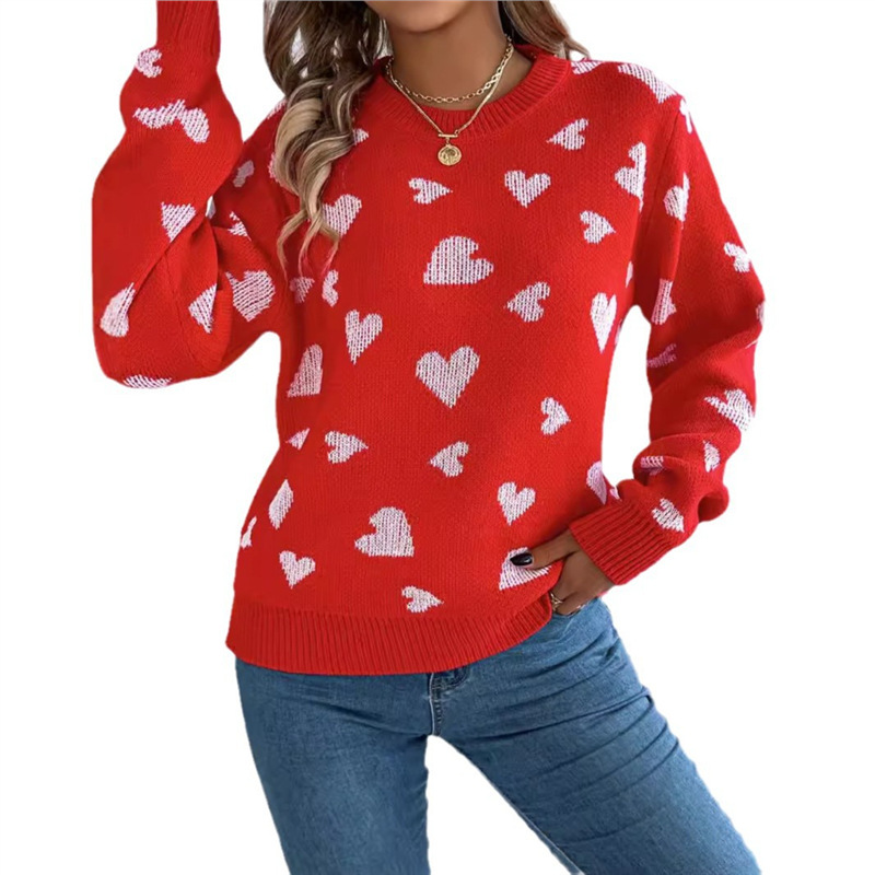 Real shot of 2025 Fall/Winter casual color-blocked heart lantern sleeve pullover sweater, Amazon cross-border Valentine's Day women's clothing. - Image 4