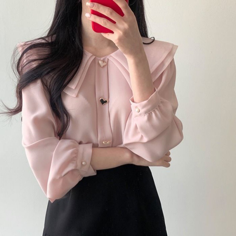Chiffon shirt suit female spring and autumn temperament two-piece design double-layer doll collar top half-length pleated skirt - Image 9